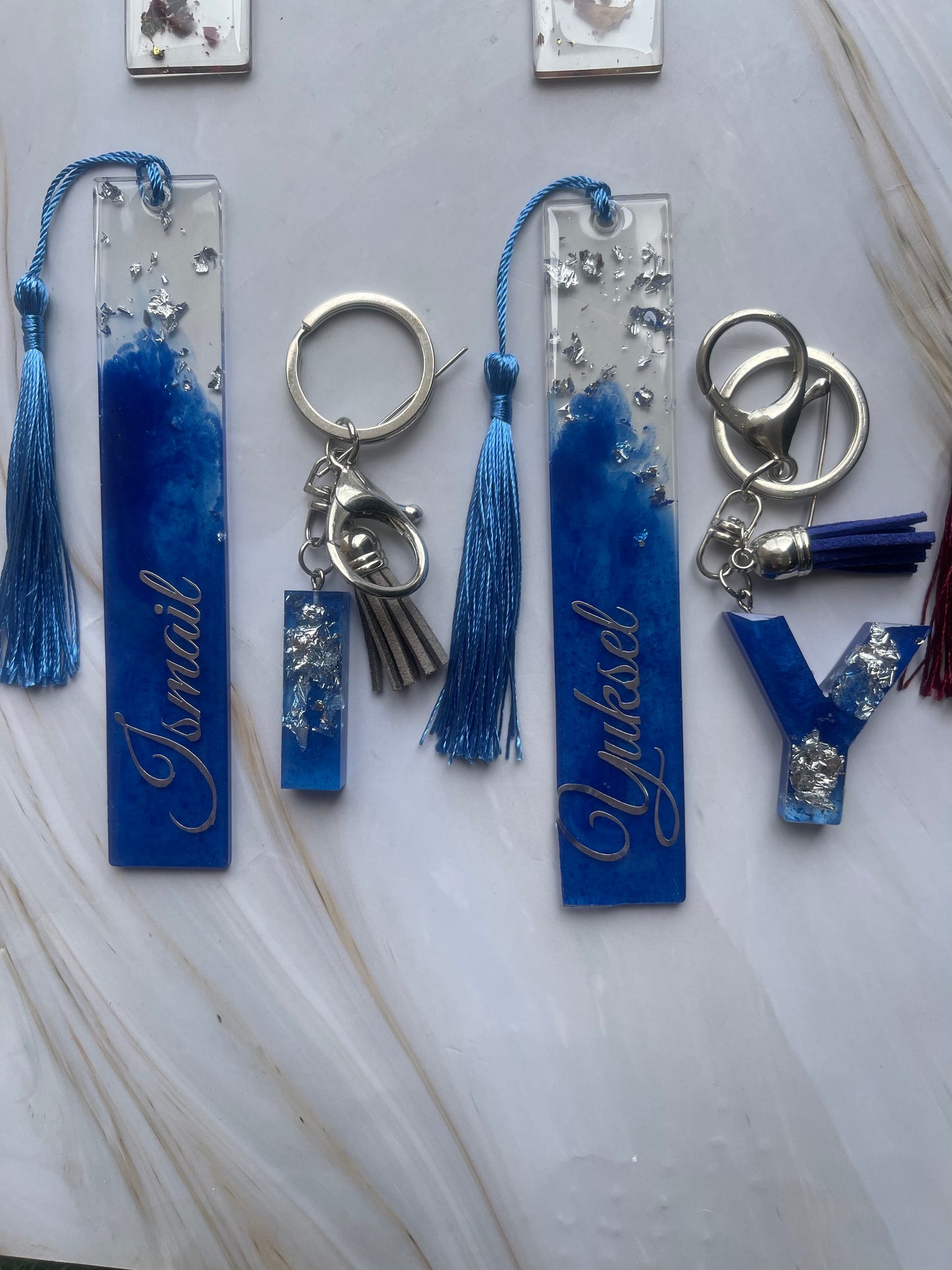 Personalised Bookmark & Keyring Set - Blue & Silver
