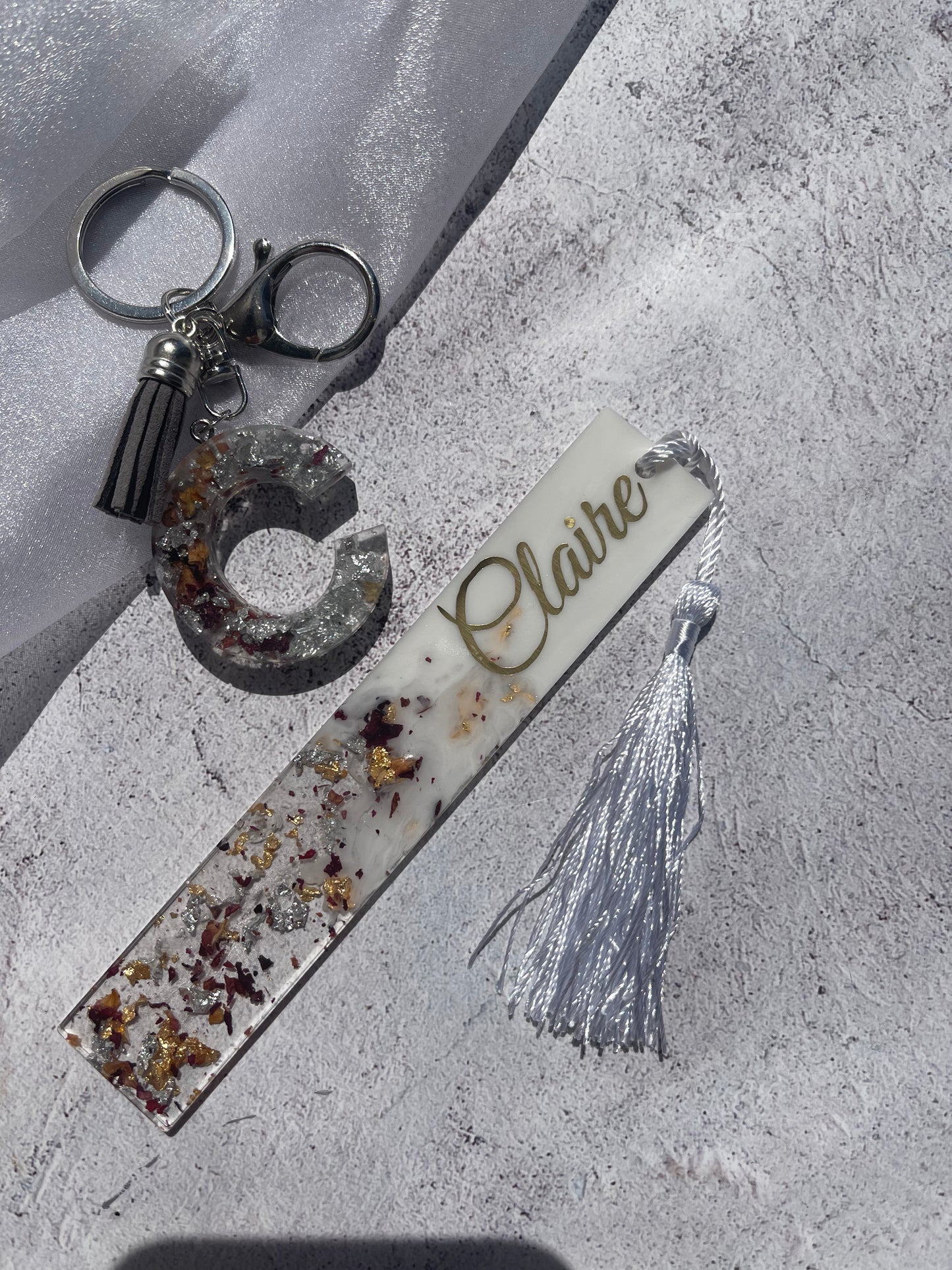 Personalised Bookmark & Keyring Set - White &Rose Petal