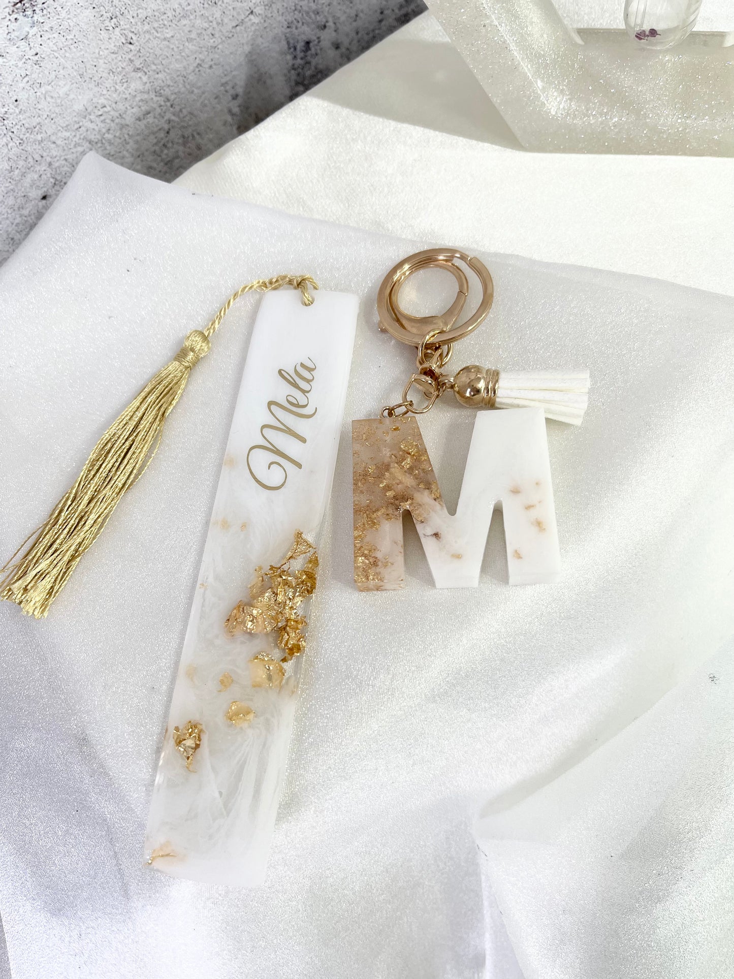 White & Gold set - Personalised Bookmark & Keyring
