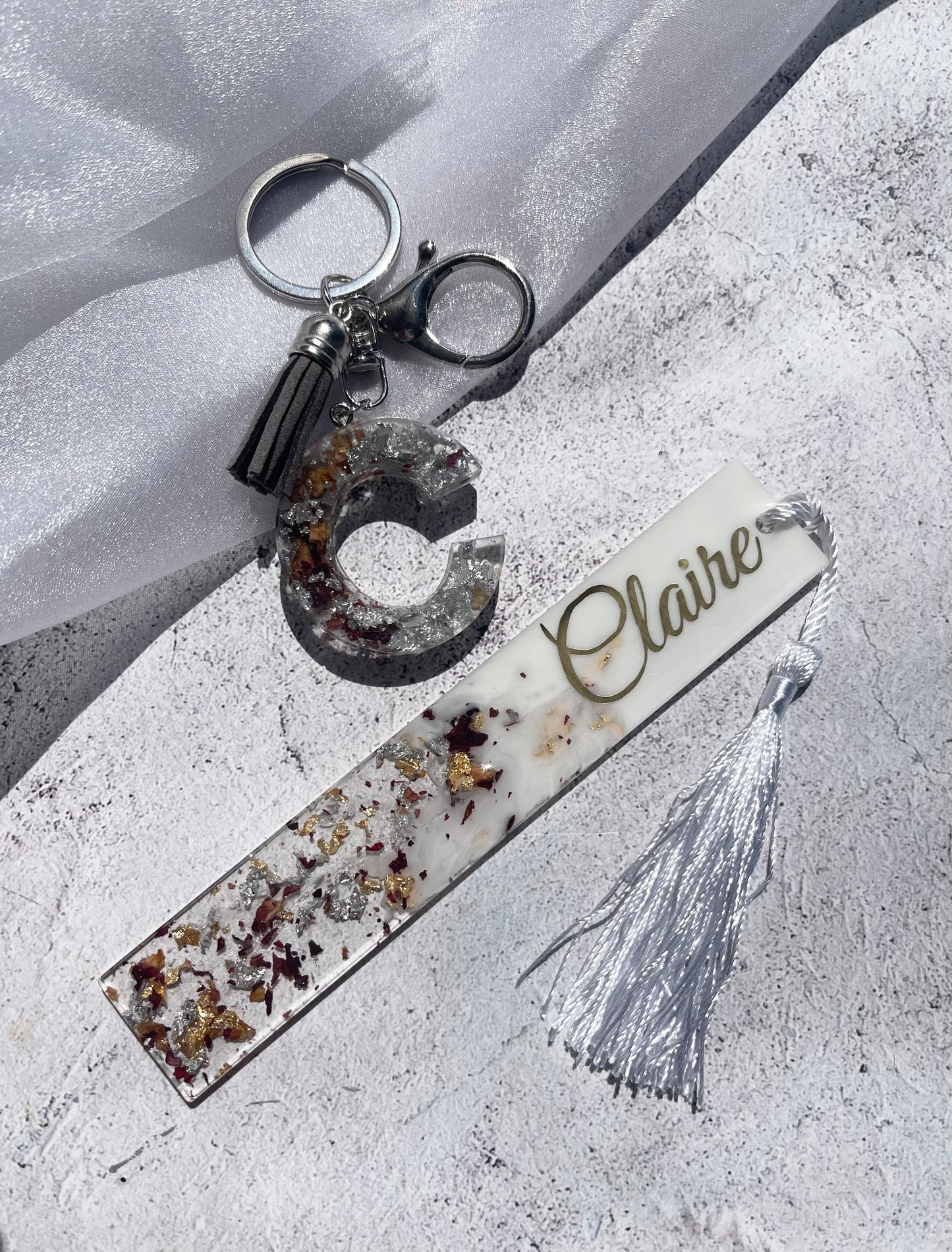 Personalised Bookmark & Keyring Set - White &Rose Petal
