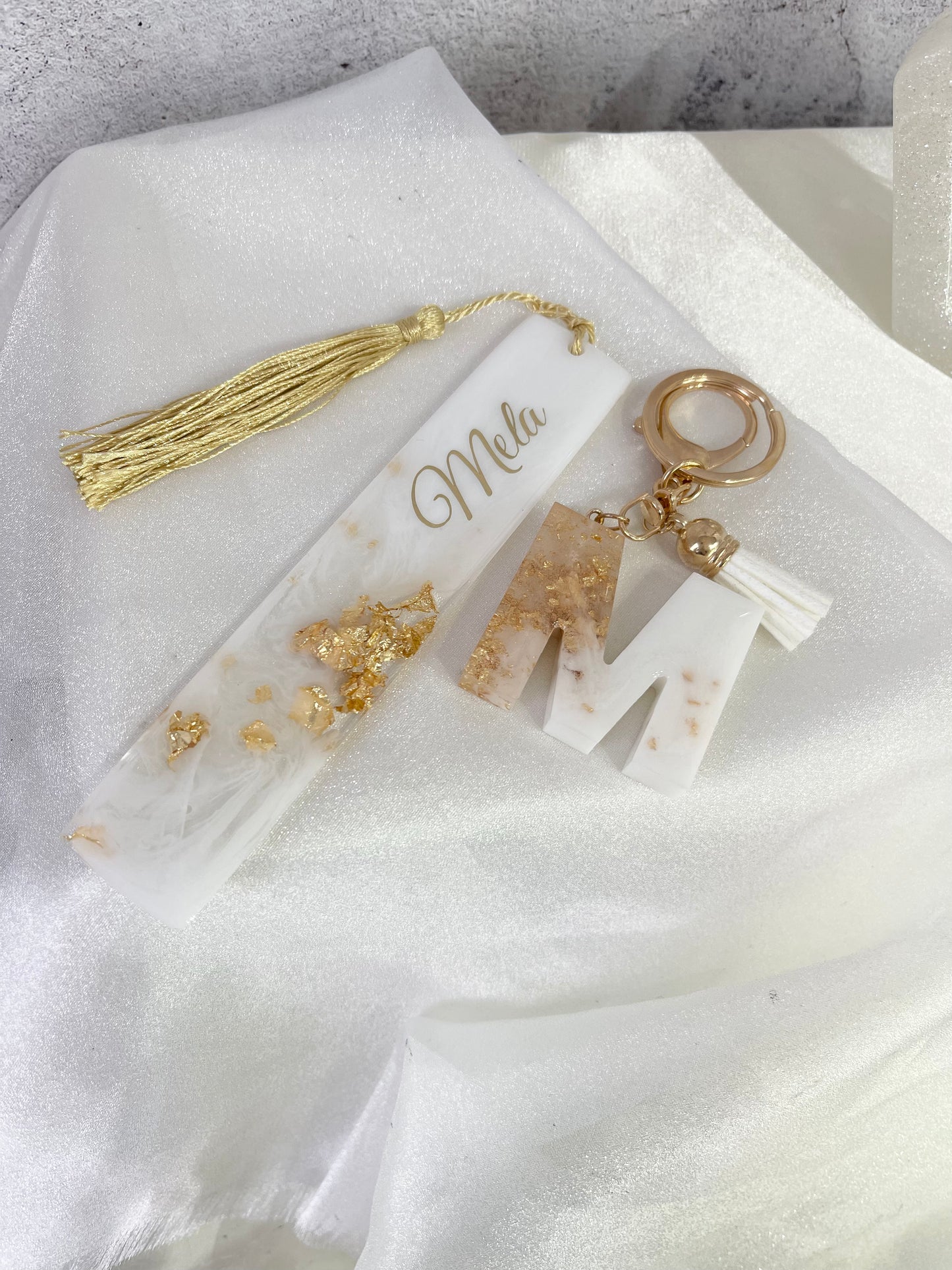 White & Gold set - Personalised Bookmark & Keyring