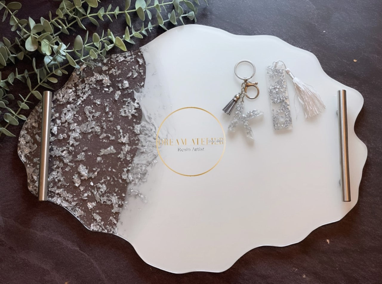 XL Agate Tray - Silver and White