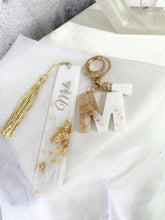 Load image into Gallery viewer, WHITE &amp; GOLD SET -Personalised Bookmark &amp; Keyring
