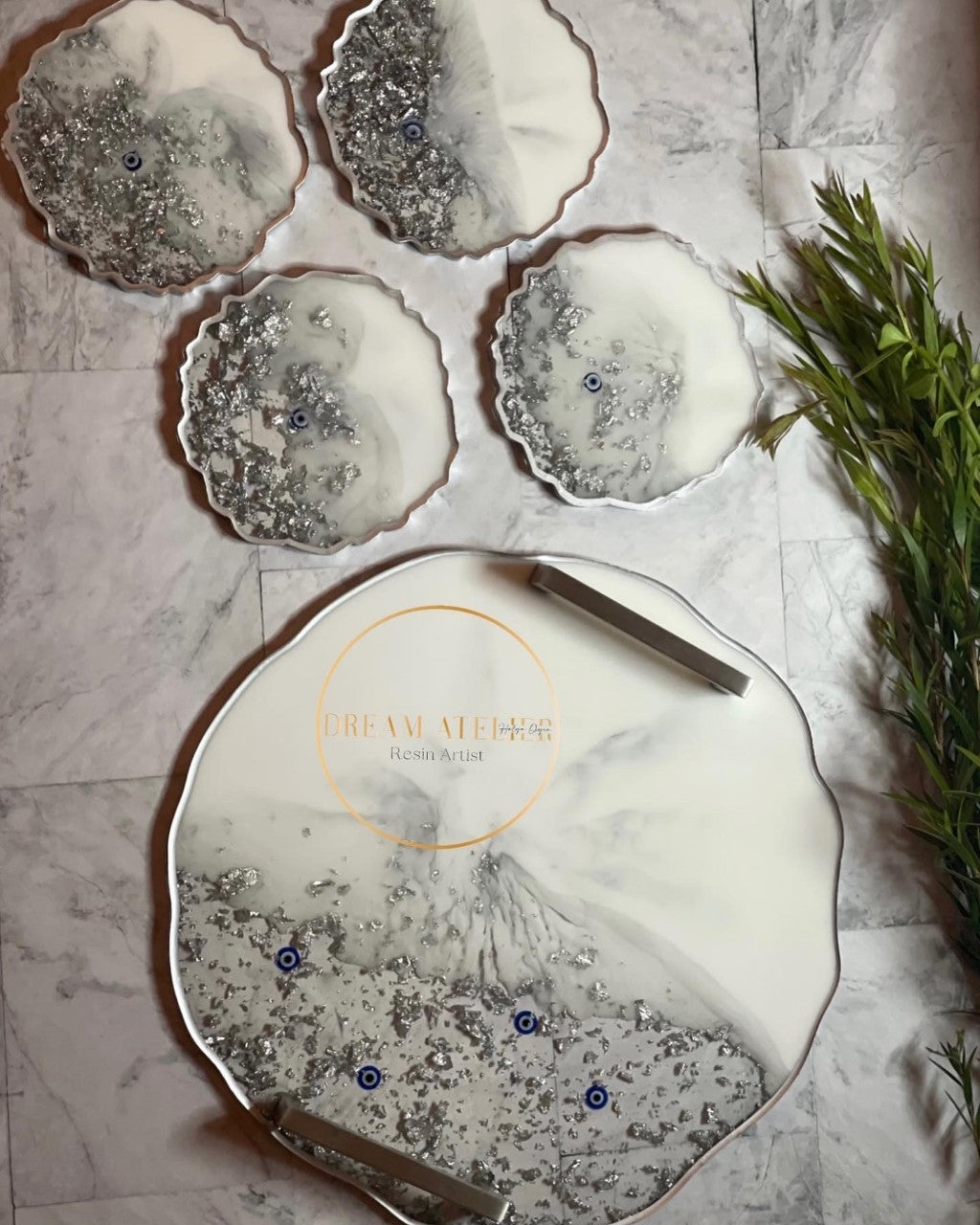 Circle Tray - Silver and White With Evil Eye